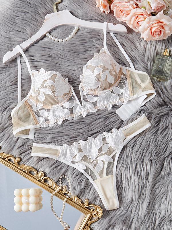 Two-Piece Set Women's Floral Embroidery Bra & Sheer Thong, Adjustable Strap Underwire Bra & Panty Set, Lingerie Set for Women