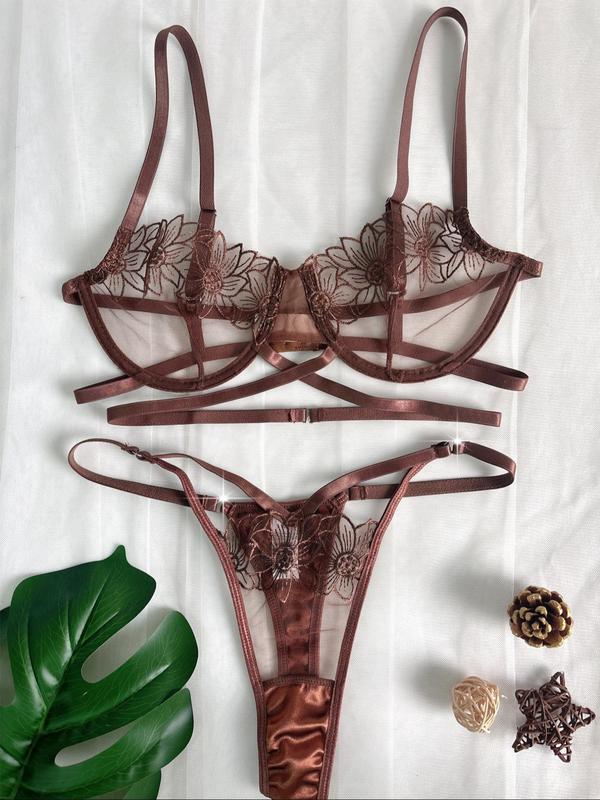 Women's Floral Embroidery Bra & Sheer Thong Two-piece Set, Adjustable Strap Underwire Bra & Panty Set, Lingerie Set for Women
