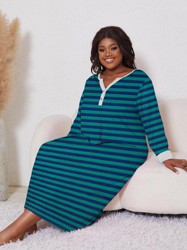  Striped Print Notched Neck Button Front Nightdress, Casual Long Sleeve Nightgown, Women's Sleepwear for Spring & Fall