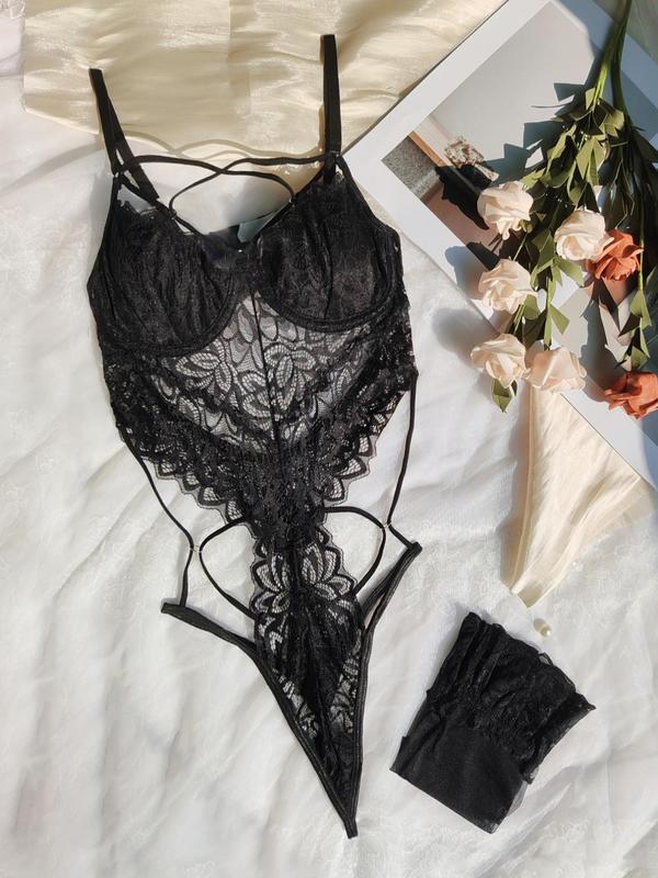 Women's Contrast Lace Sheer Lingerie Set, Sexy Lace Up Criss Cross Backless Cami Bodysuit & Thong One-piece & Stockings Set, Women's Lingerie & Underwear Set for All Seasons