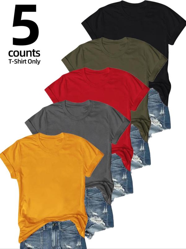 Women's Solid Round Neck Tee, Basic Short Sleeve T-shirt for Summer, T Shirts for Women, Casual Women's Top for Daily Wear