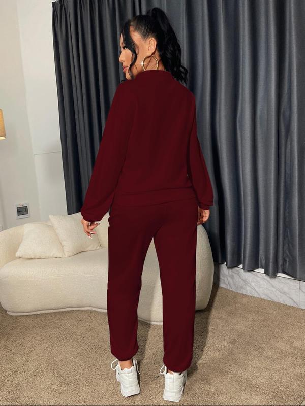 Women's Solid Half Zip Up Sweatshirt & High Waist Skinny Pants Two-piece Set, Casual Long Sleeve High Neck Pullover & Zipper Pants for Daily Wear, Ladies Two-piece Outfits for All Seasons