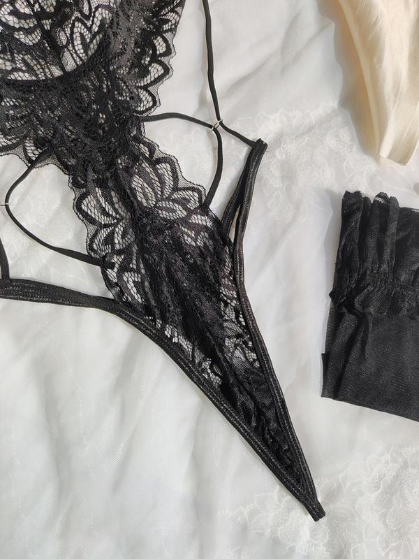 Women's Contrast Lace Sheer Lingerie Set, Sexy Lace Up Criss Cross Backless Cami Bodysuit & Thong One-piece & Stockings Set, Women's Lingerie & Underwear Set for All Seasons