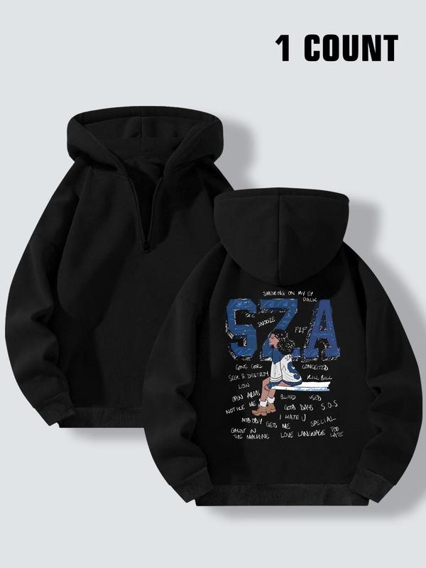 Women's Cartoon Figure & Letter Print Half Zip Hoodie, Casual Drop Shoulder Long Sleeve Hooded Sweatshirt for Spring & Fall & Winter, Women's Clothes for Daily Wear Going Out Tops 2000S