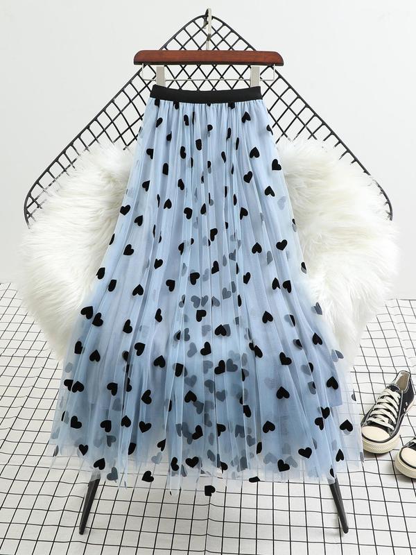 Women's All Over Heart Print Tulle Skirt, Fashion Casual Skirt for Daily Outdoor Wear, Ladies Bottoms for All Seasons