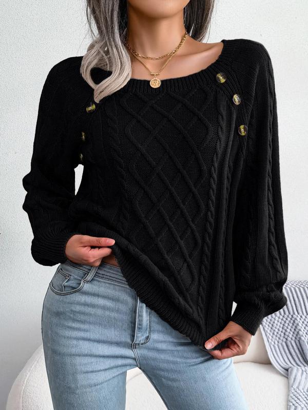 Women's Solid Textured Fake Buttons Raglan Sleeve Crewneck Sweater for Spring, Casual Round Neck Long Sleeves Knitting Jumper, Fall Clothes, Downtown Girl Clothes
