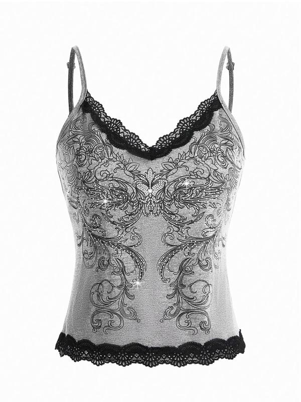Women's Floral & Plants Print Rhinestone Decor Cami Top, 2000s Y2k Elegant Contrast Lace Adjustable Spaghetti Strap Top, Back-to-School Clothing, Women's Summer Top for Daily Wear, Tank Tops for Women, Experimental Outfits
