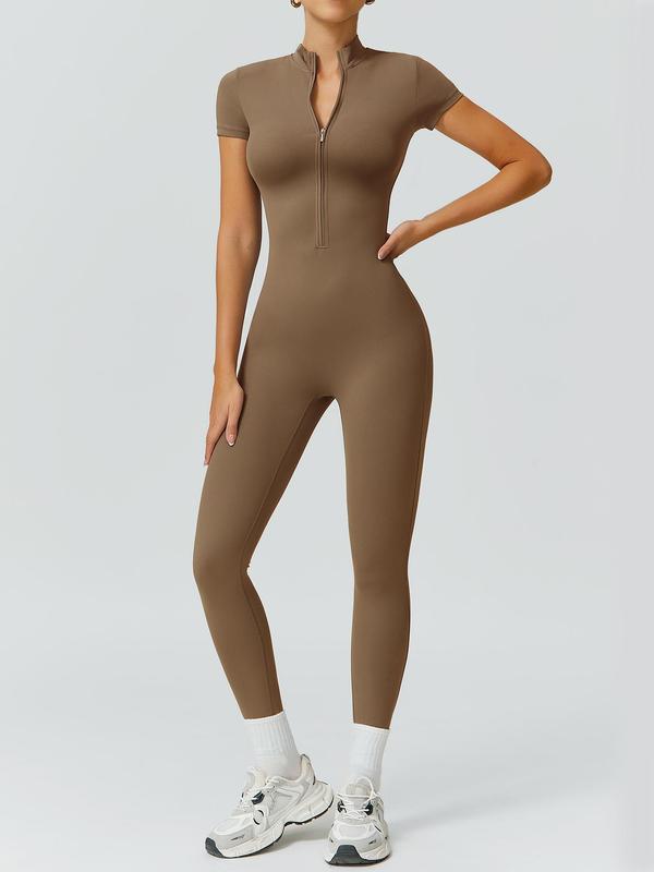 Women's Solid Zip Up Mock Neck Sports Jumpsuit, Casual Sporty Comfy High Waist Jumpsuit for Yoga Gym Workout Running Cycling, Ladies Sportswear for All Seasons