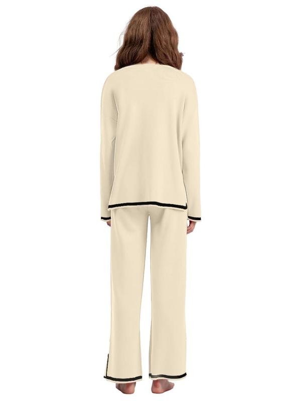 Women's Contrast Binding Drop Shoulder Top & Wide Leg Pants Loungewear Two-Piece Set, Casual Comfy Round Neck Long Sleeve Top & Trousers PJ Set, Ladies Sleepwear for Spring & Fall