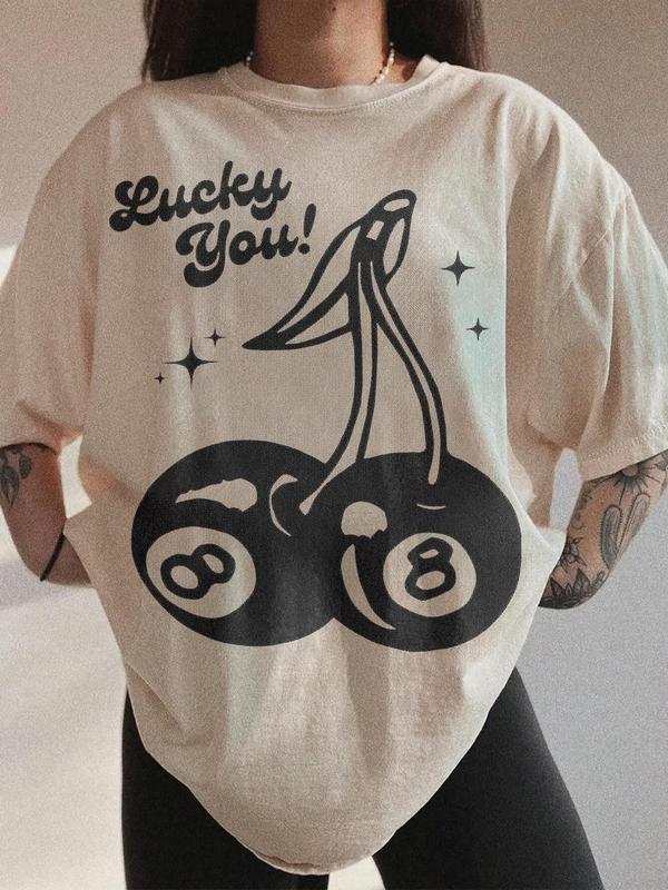 Women's Cherry & Letter Print Drop Shoulder Tee, Casual Half Sleeve Round Neck T-shirt for Summer, Women's Top for Daily Wear