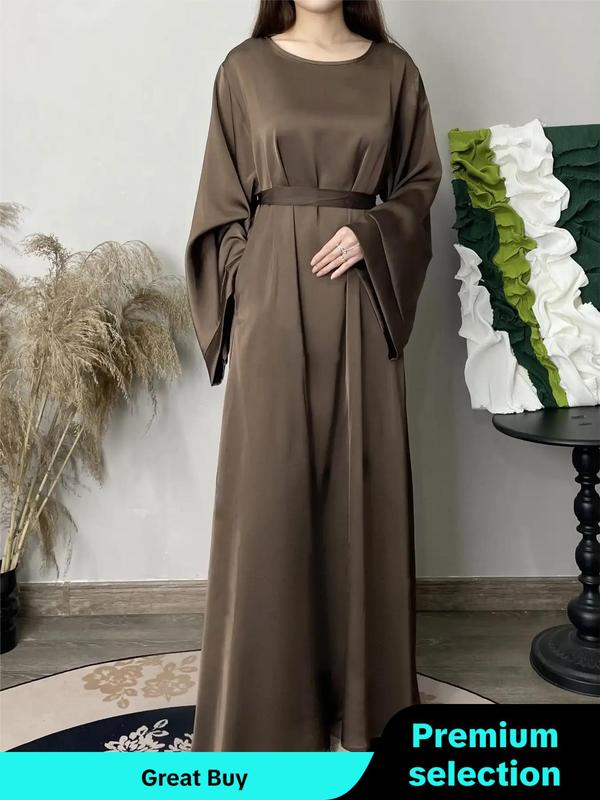 Women's Solid Belted Flounce Sleeve Dress, Elegant Long Sleeve Round Neck Long Dress for Party Holiday Wedding Guest, Ladies Clothes for All Seasons, Fall Clothing Women Longsleeves