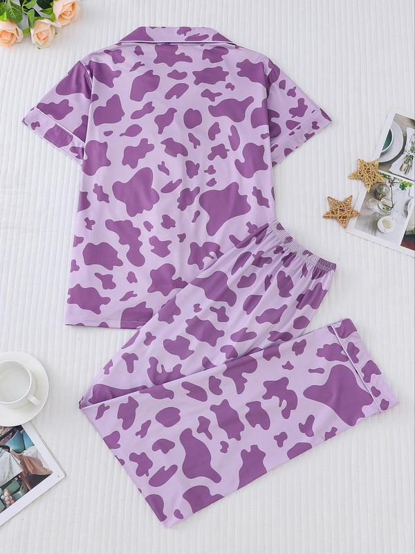 Women's All Over Cow Print Contrast Binding Lapel Shirt & Elastic Waist Pants Pyjama Two-piece Set, Fall Clothes, Casual Comfy Short Sleeve Pocket Button Up Top & Trousers Pj Set, Women's Sleepwear for Spring & Fall, Back To School Pj Set