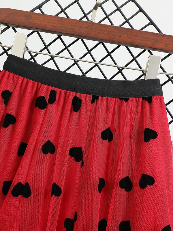 Women's All Over Heart Print Tulle Skirt, Fashion Casual Skirt for Daily Outdoor Wear, Ladies Bottoms for All Seasons