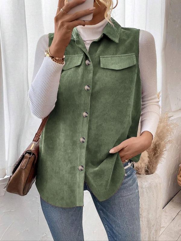  Solid Button Front Shirt Vest, Casual Pocket Sleeveless Collared Top for Fall & Winter, Women's Clothes for Daily Wear