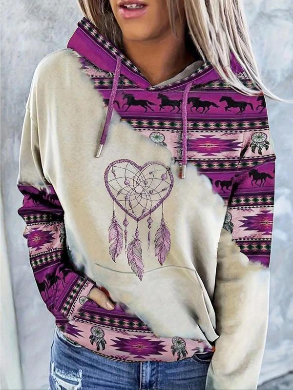 Women's Ethnic Pattern Heart Graphic Print Drawstring Hoodie, Casual Long Sleeve Drop Shoulder Hooded Sweatshirt for Daily Holiday Outdoor Wear, Ladies Clothes for All Seasons