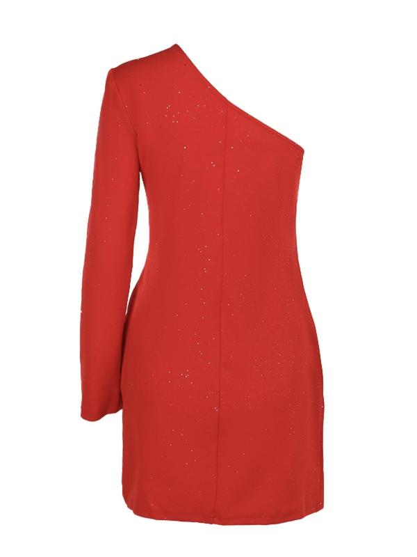 Women's Glitter Ruched Wrap One Shoulder Bodycon Dress, Elegant Asymmetrical Sleeve Short Dress for Party Club Dating Wear, Women's Clothing for Fall & Winter