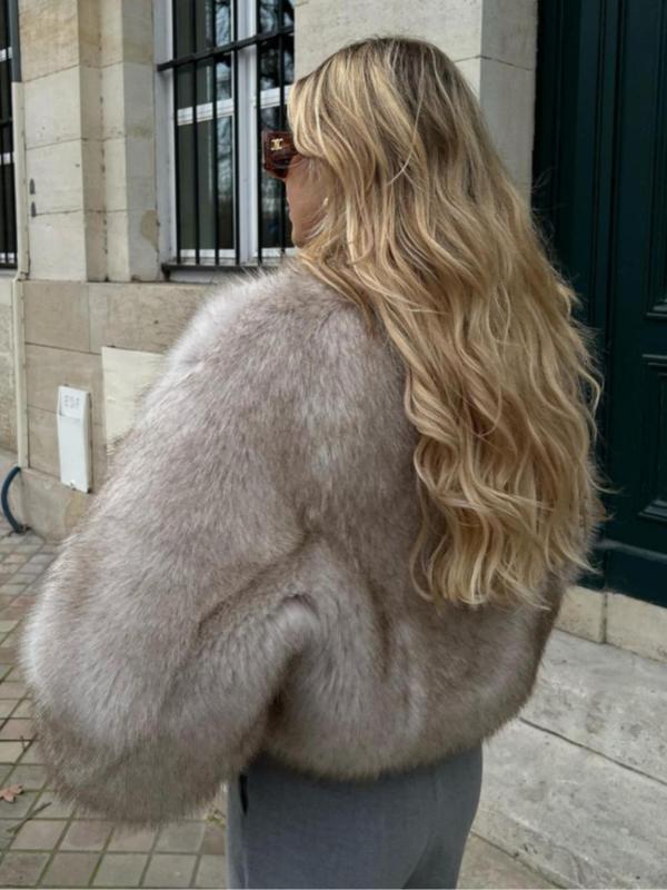 Women's Solid Color Bishop Sleeve Faux Fur Jacket, Casual Tops, Long Sleeve Open Front Outerwear for Fall & Winter, Women's Clothing for Daily Wear