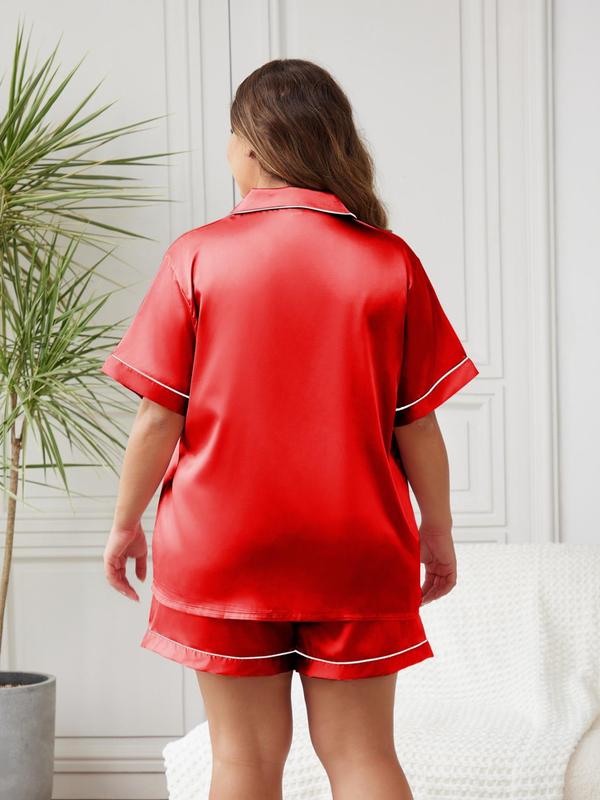 2 Counts Plus Size Basic Minimalist Contrast Binding Satin Top & Elastic Waist Shorts Pyjama Set, Lady Chic Comfort Button Front Blouse & Pocket Shorts PJ Loungewear Set, Plus Size Women's Pajamas for Homewear, Elegant Summer Outfits 2024, Womenswear