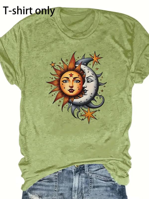Women's Cartoon Sun & Moon Print Round Neck Graphic Tee, Trendy Casual Short Sleeve T-shirt for Daily Wear, Graphic Tees, Lady Summer Outfits 2024