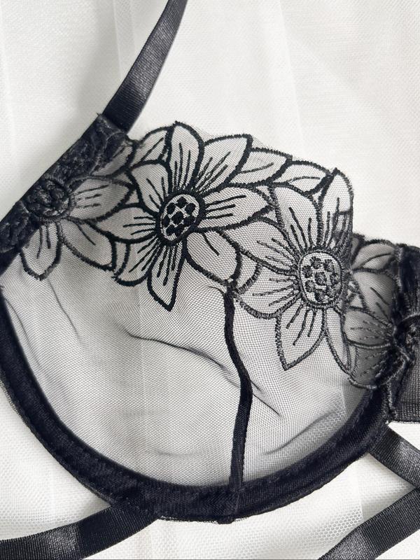 Women's Floral Embroidery Bra & Sheer Thong Two-piece Set, Adjustable Strap Underwire Bra & Panty Set, Lingerie Set for Women