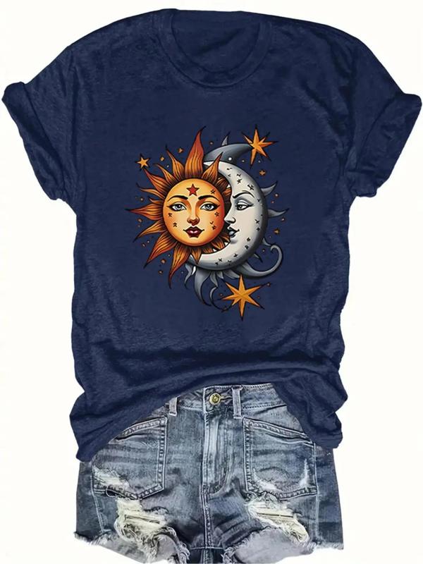 Women's Cartoon Sun & Moon Print Round Neck Graphic Tee, Trendy Casual Short Sleeve T-shirt for Daily Wear, Graphic Tees, Lady Summer Outfits 2024