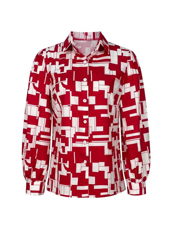 Women's Geometric Print Button Front Shirt & Skirt Two-piece Set, Elegant Long Sleeve Collared Top & Skirt for Work Office Business, Ladies Clothes for All Seasons