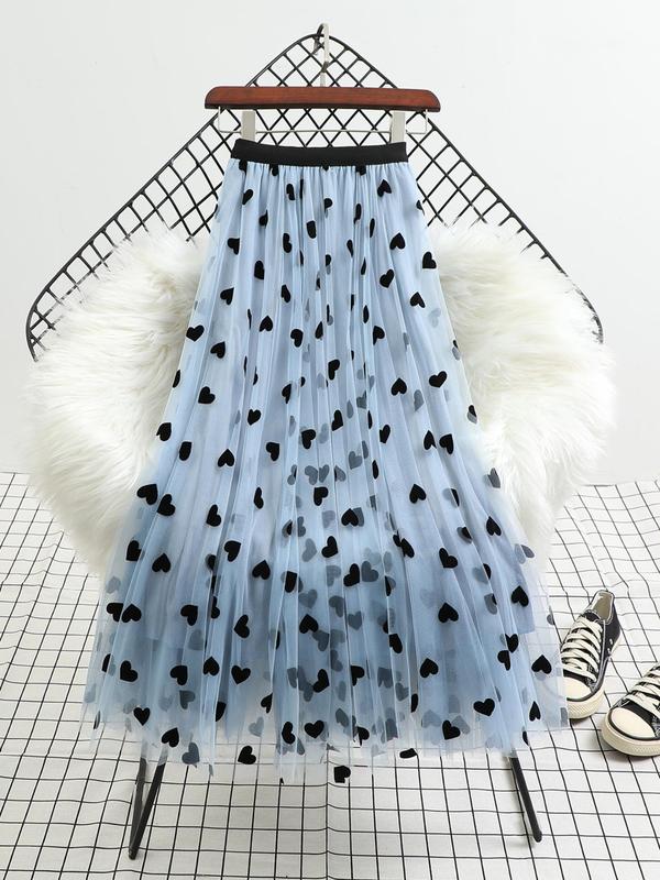 Women's All Over Heart Print Tulle Skirt, Fashion Casual Skirt for Daily Outdoor Wear, Ladies Bottoms for All Seasons