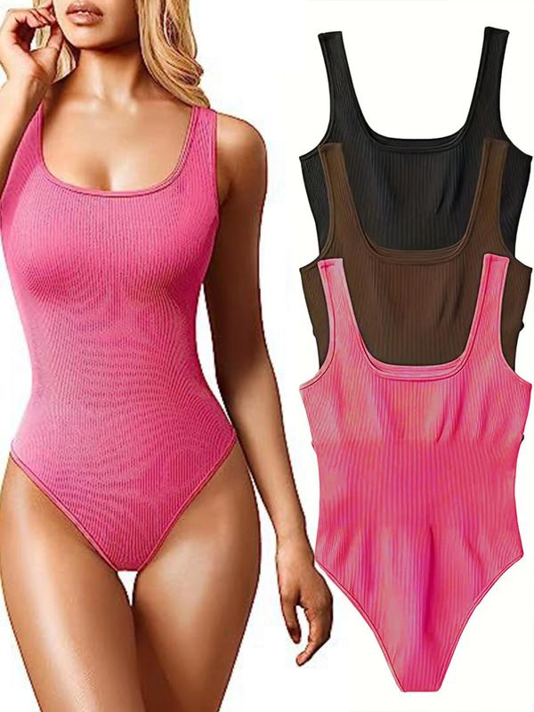 3 Pcs Solid Square Neck Sleeveless Shapewear Tank Bodysuit, Casual Ribbed Slim Fit Bodysuit, Women's Underwear