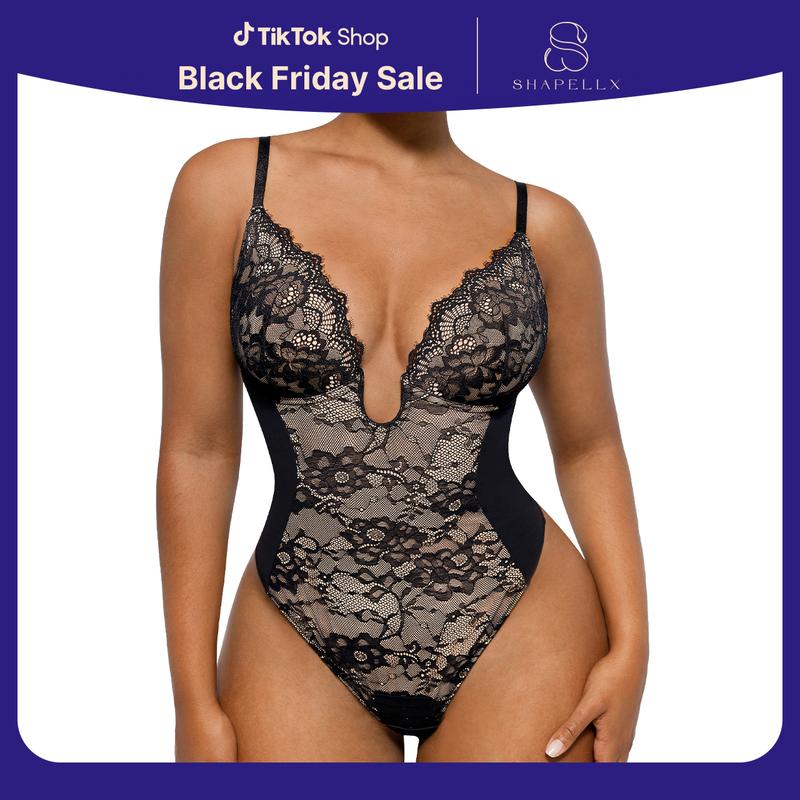 Shapellx Lace Glamour Supportive Plunge Thong Bodysuit Sexy Cute Womenswear Tops