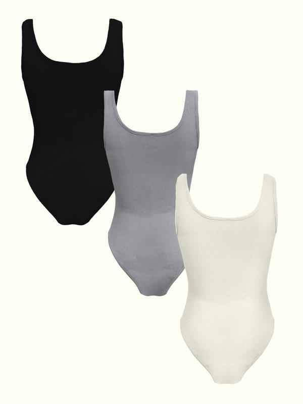 3 Pcs Solid Square Neck Sleeveless Shapewear Tank Bodysuit, Casual Ribbed Slim Fit Bodysuit, Women's Underwear