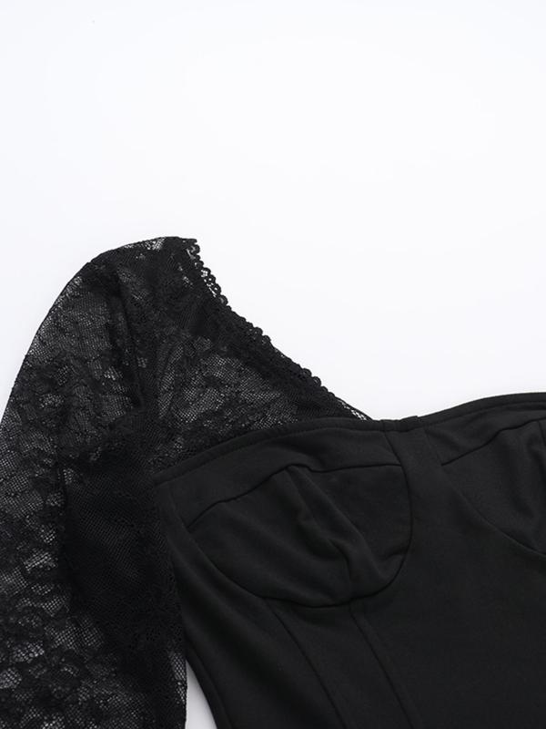 Women's Contrast Lace Sheer Asymmetrical Neck Tee, Casual Long Sleeve T-shirt for Spring & Fall, Women's Clothing for Daily Wear