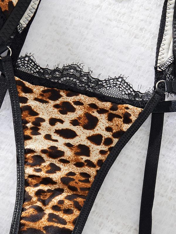 Women's Leopard Print Contrast Lace Sexy Lingerie Three-piece Set, Adjustable Strap  Chain Linked Bra & Bow Decor Garter Belt & Thong Set, Lingerie Set for Women