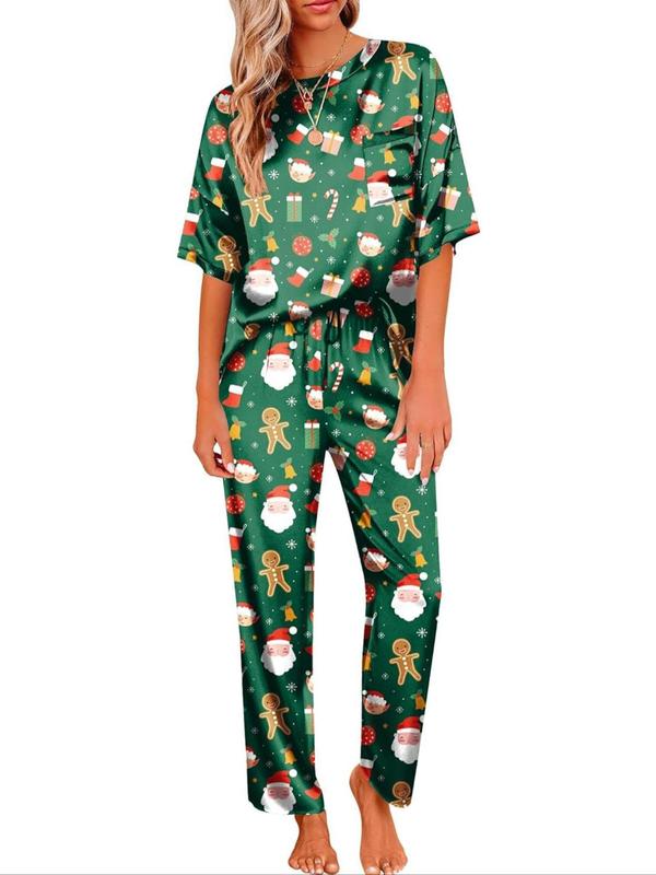Women's Solid Drop Shoulder Tee & Pocket Pants Pyjama Two-piece Set, Casual Comfy Short Sleeve Top & Drawstring Waist Pants PJ Set, Ladies Summer Sleepwear