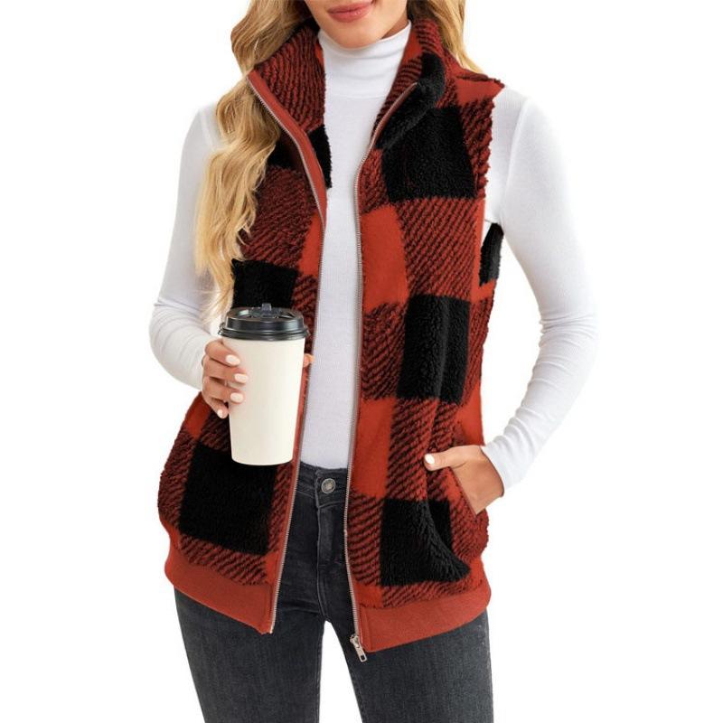 Plaid Comfortable Velvet Cardigan Vest Stand Collar Casual Sleeveless Women's Coat Womenswear Tops Soft Jackets