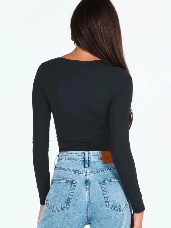 Women's Plain Square Neck Long Sleeve Crop Tee As Birthday Gifts, Casual Solid Tight-fitting T-shirt for Fall & Winter, Women's Top for Daily Wear, Fall Outfits