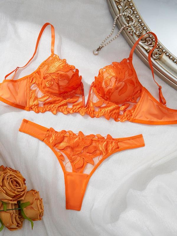 Two-Piece Set Women's Floral Embroidery Bra & Sheer Thong, Adjustable Strap Underwire Bra & Panty Set, Lingerie Set for Women
