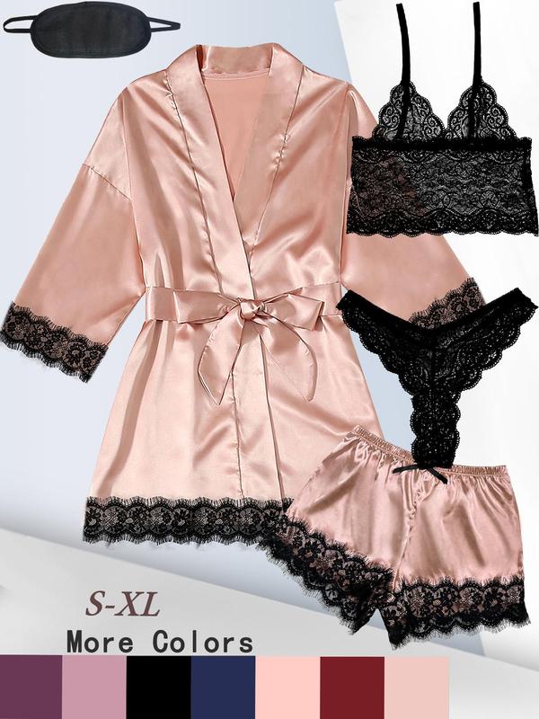 5 Counts Women's Contrast Lace Satin Pyjama Set, Casual Scallop Trim Crop Cami Top & Thong & Belted Wrap Lounge Robe & Bow Elastic Waist Pj Pants Shorts & Eye Mask Set, Women's Loungewear Set, Pajama Sets Women, Fall Wear