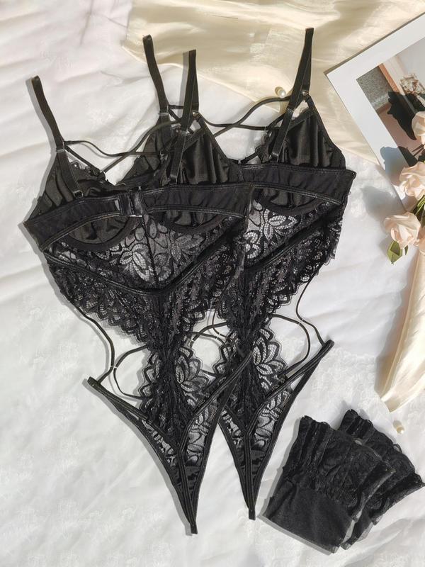 Women's Contrast Lace Sheer Lingerie Set, Sexy Lace Up Criss Cross Backless Cami Bodysuit & Thong One-piece & Stockings Set, Women's Lingerie & Underwear Set for All Seasons