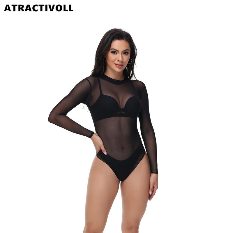 ATRACTIVOLL 1 2PCS Women's Fashion Yoga Wear，Half High Neck Bodysuit,Mesh Long Sleeve Bodysuit Indoor Yoga Wear,Tops Lady women  bodysuits mesh top long sleeve