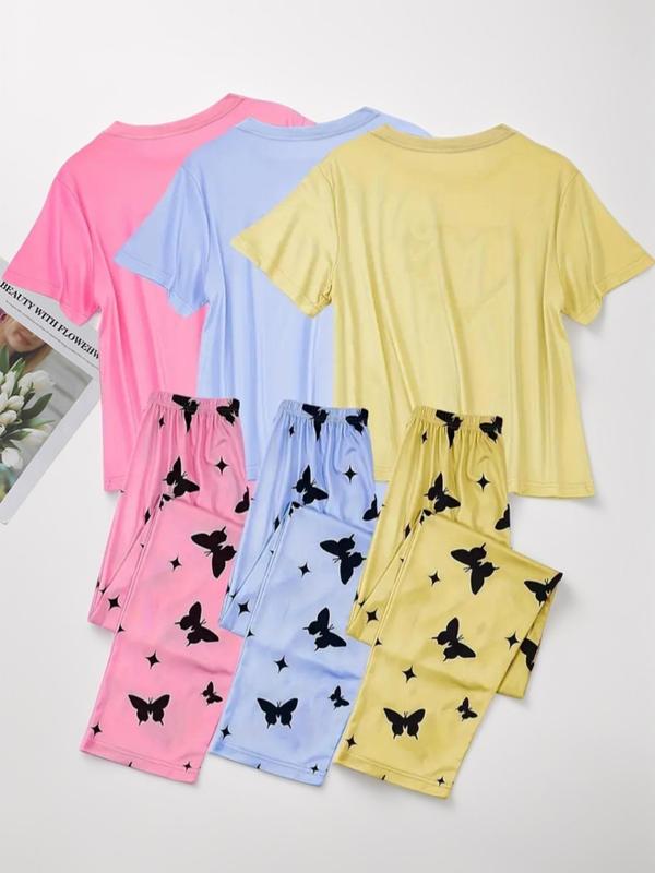 6 Piece Set Women's Heart Print Round Neck Tee & Butterfly Print Pants Pajama Set, Women Cute Nightwear, Comfort Casual Tee & Elastic Waist Trousers Pajama Set, Summer Clothes, Back To School Sleepwear, Sleepwear & Homewear for Lady, Summer Wear 2024