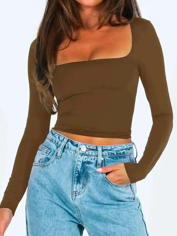Women's Plain Square Neck Long Sleeve Crop Tee As Birthday Gifts, Casual Solid Tight-fitting T-shirt for Fall & Winter, Women's Top for Daily Wear, Fall Outfits