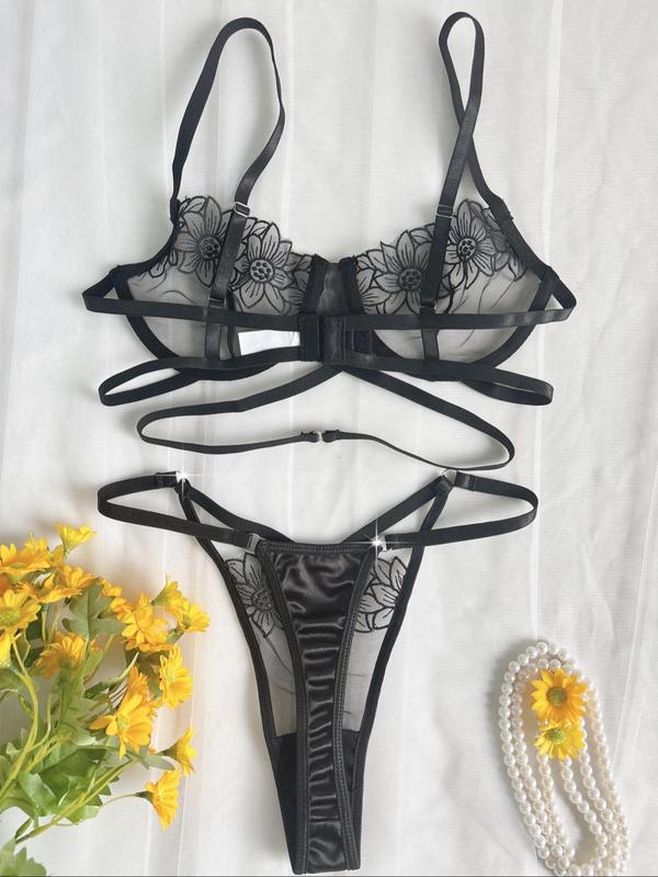 Women's Floral Embroidery Bra & Sheer Thong Two-piece Set, Adjustable Strap Underwire Bra & Panty Set, Lingerie Set for Women