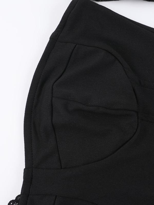 Women's Contrast Lace Sheer Asymmetrical Neck Tee, Casual Long Sleeve T-shirt for Spring & Fall, Women's Clothing for Daily Wear