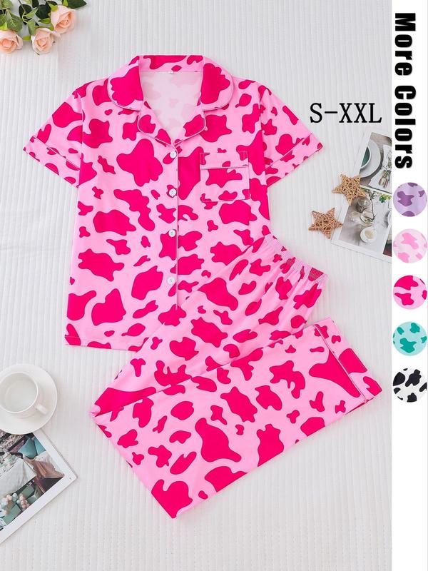 Women's All Over Cow Print Contrast Binding Lapel Shirt & Elastic Waist Pants Pyjama Two-piece Set, Fall Clothes, Casual Comfy Short Sleeve Pocket Button Up Top & Trousers Pj Set, Women's Sleepwear for Spring & Fall, Back To School Pj Set