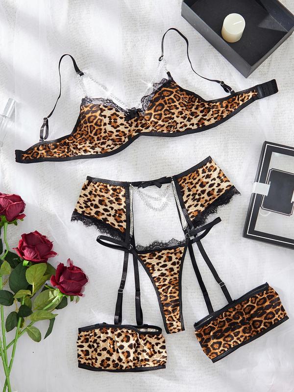 Women's Leopard Print Contrast Lace Sexy Lingerie Three-piece Set, Adjustable Strap  Chain Linked Bra & Bow Decor Garter Belt & Thong Set, Lingerie Set for Women