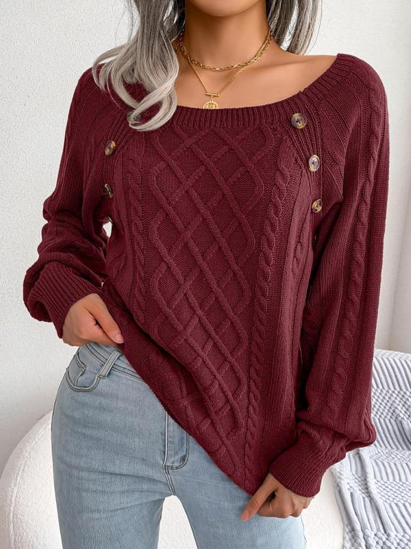 Women's Solid Textured Fake Buttons Raglan Sleeve Crewneck Sweater for Spring, Casual Round Neck Long Sleeves Knitting Jumper, Fall Clothes, Downtown Girl Clothes