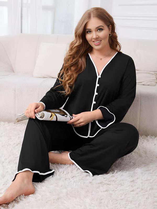 Plus Size Contrast Binding Pyjama Set, Casual Button Front Top & Wide Leg Pants, Women Plus Sleepwear & Loungewear, Fall Wear, Fallfreshness
