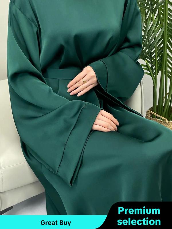 Women's Solid Belted Flounce Sleeve Dress, Elegant Long Sleeve Round Neck Long Dress for Party Holiday Wedding Guest, Ladies Clothes for All Seasons, Fall Clothing Women Longsleeves