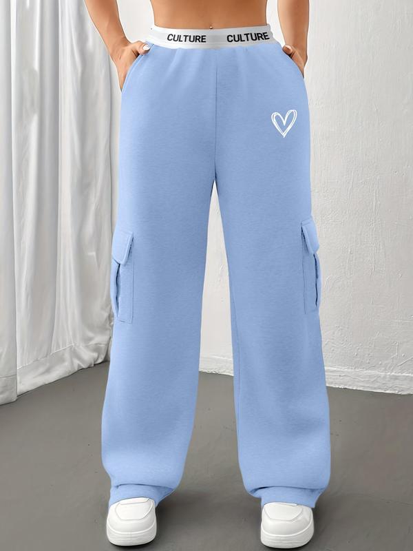 Women's Letter & Heart Print Pocket Cargo Sweatpants, Casual Jogger Trousers for Daily Wear, Ladies Bottoms for All Seasons