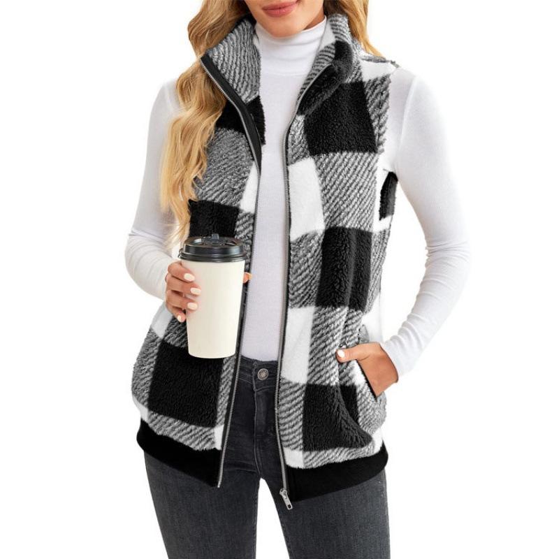 Plaid Comfortable Velvet Cardigan Vest Stand Collar Casual Sleeveless Women's Coat Womenswear Tops Soft Jackets